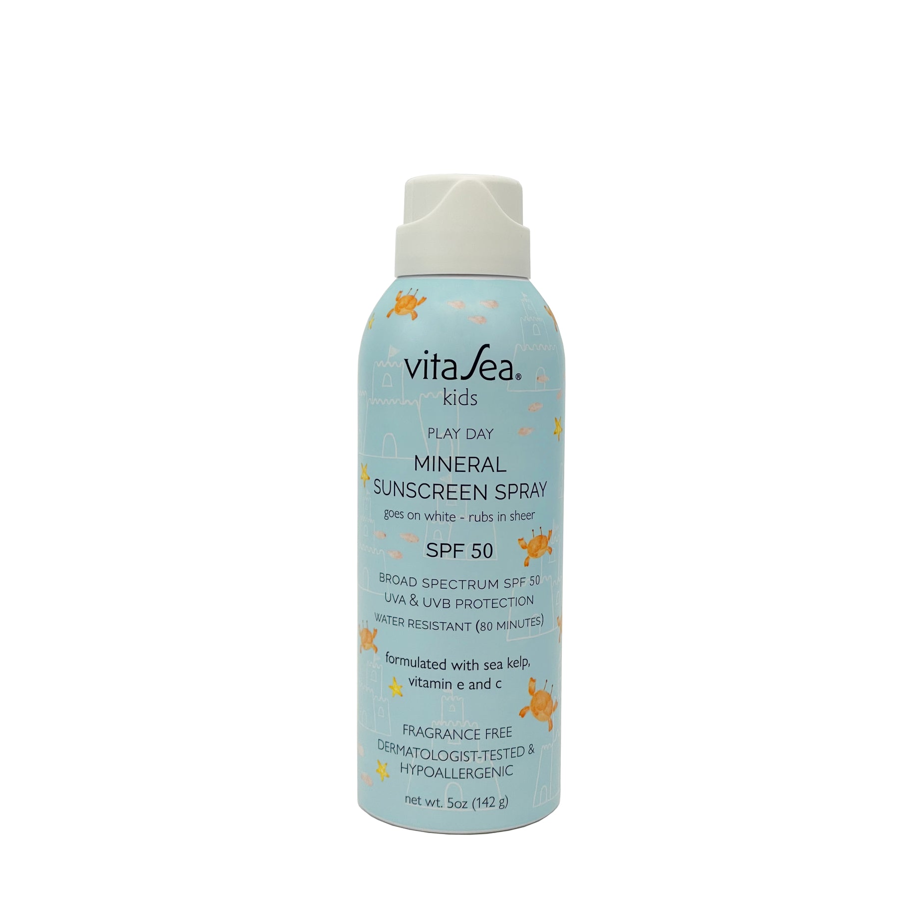 White aerosol canister of Play Day Mineral Sunscreen Super Spray with black text.