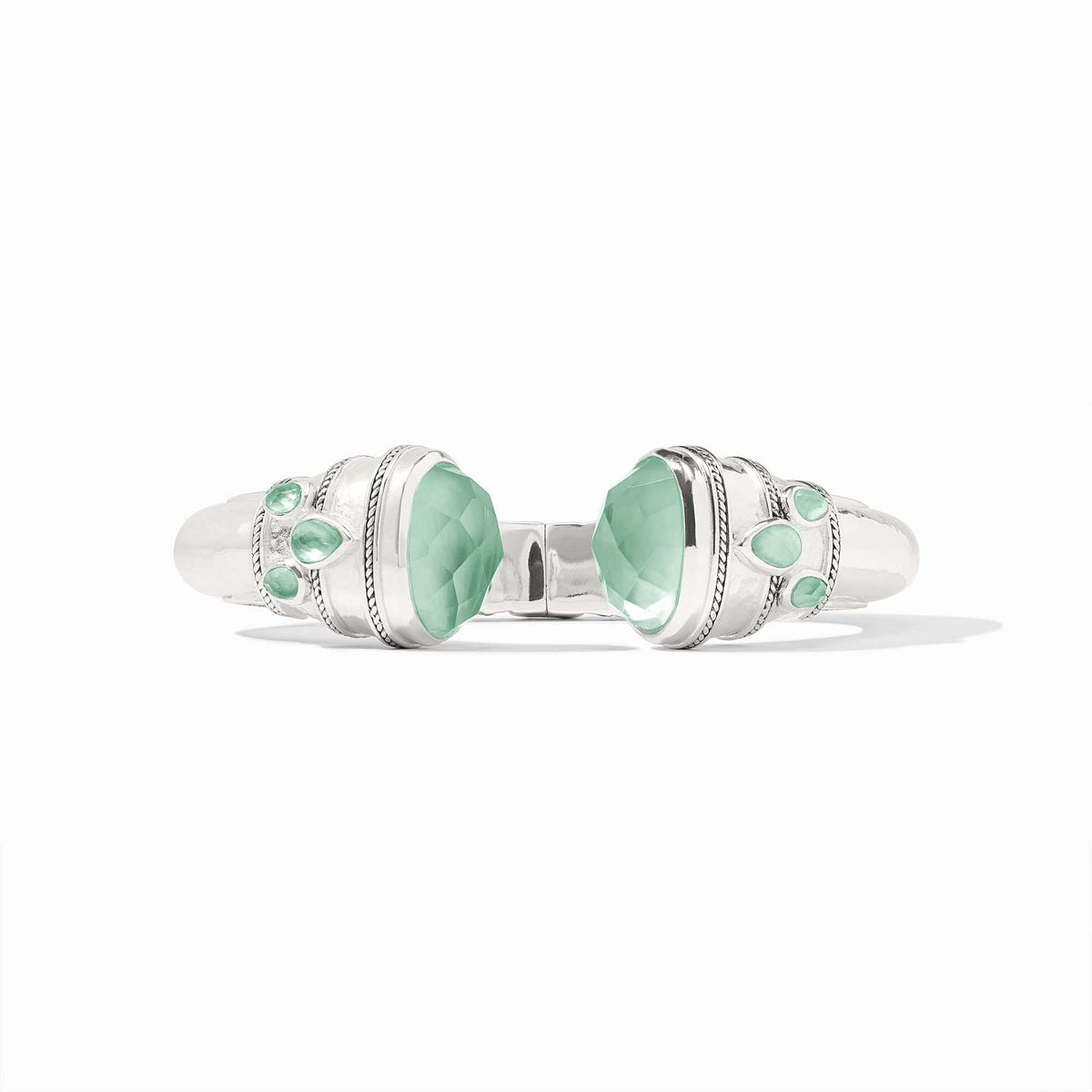 Cannes Cuff in silver with green rose-cut and pear-shaped glass gemstones.