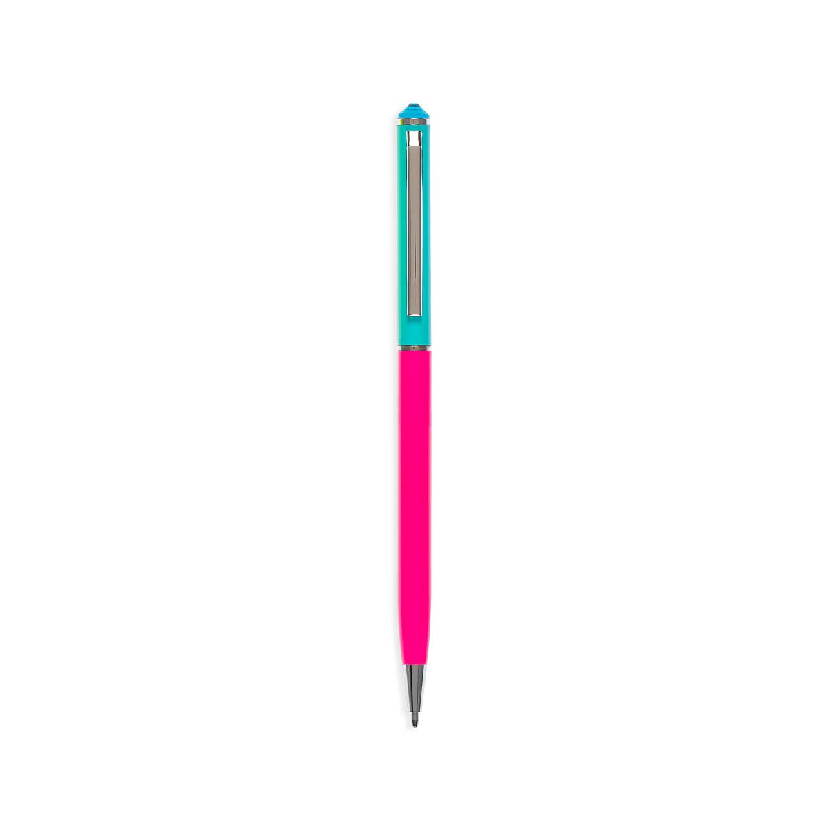 Tub containing thirty black stainless steel ballpoint pens with neon barrels topped by gems.