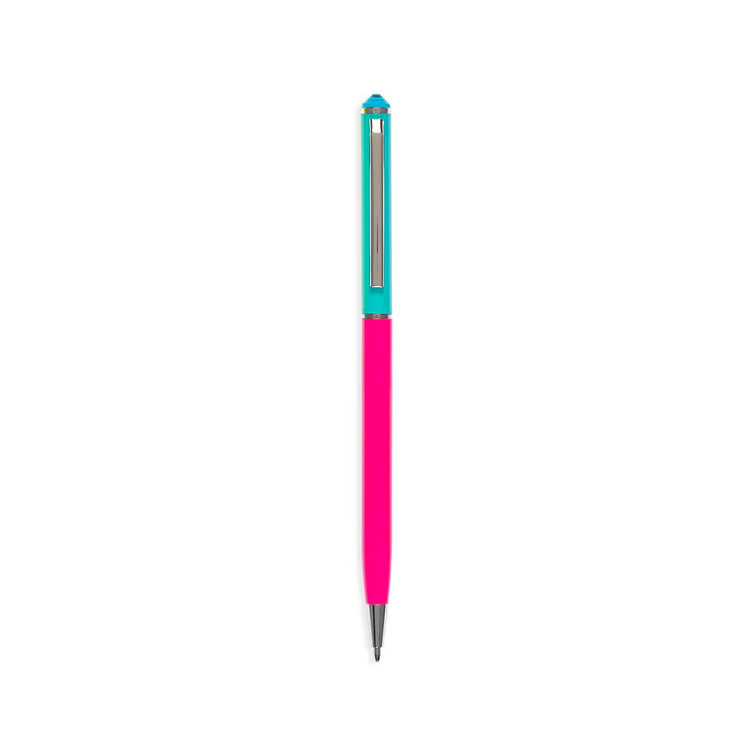 Tub containing thirty black stainless steel ballpoint pens with neon barrels topped by gems.