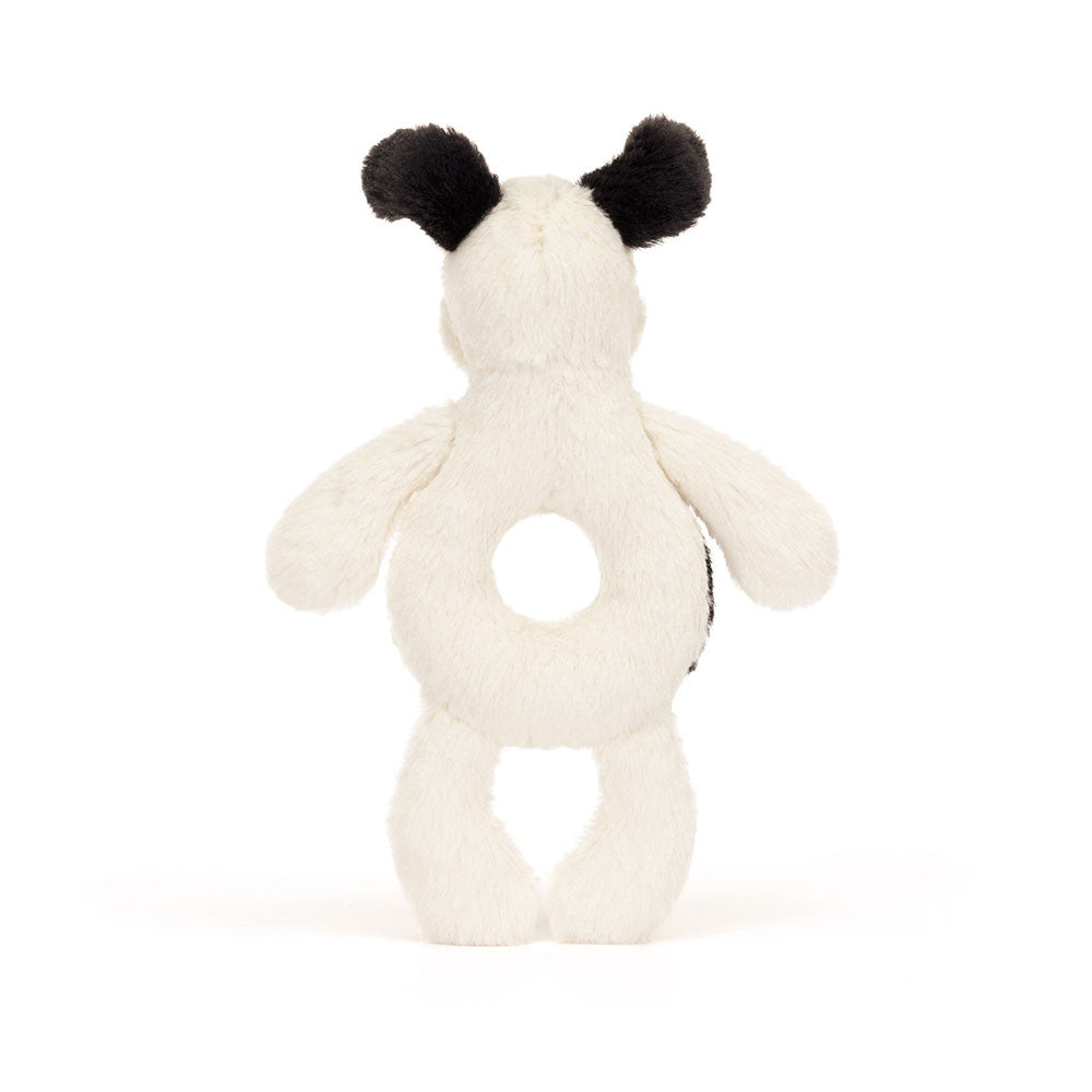 Bashful black puppy ring rattle with cream recycled polyester fabric, embroidered eyes, and a circular silhouette.