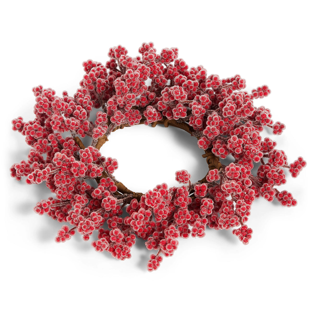 4.25 inch iced red berry candle ring with frosted finish on a brown twig base.