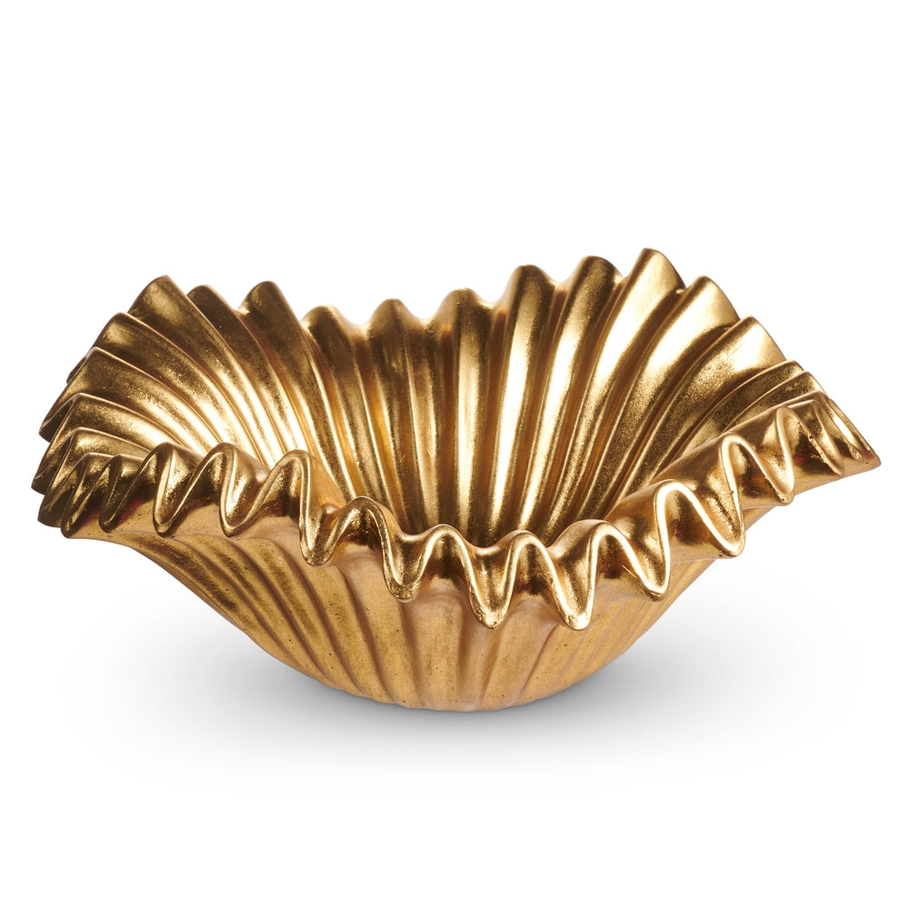 A 12-inch gold ruffled decorative bowl made of stone powder with a textured rim.