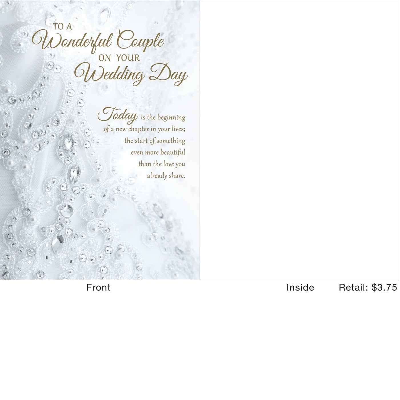 Wedding card front with "To a Wonderful Couple on Your Wedding Day" text and lace detail.