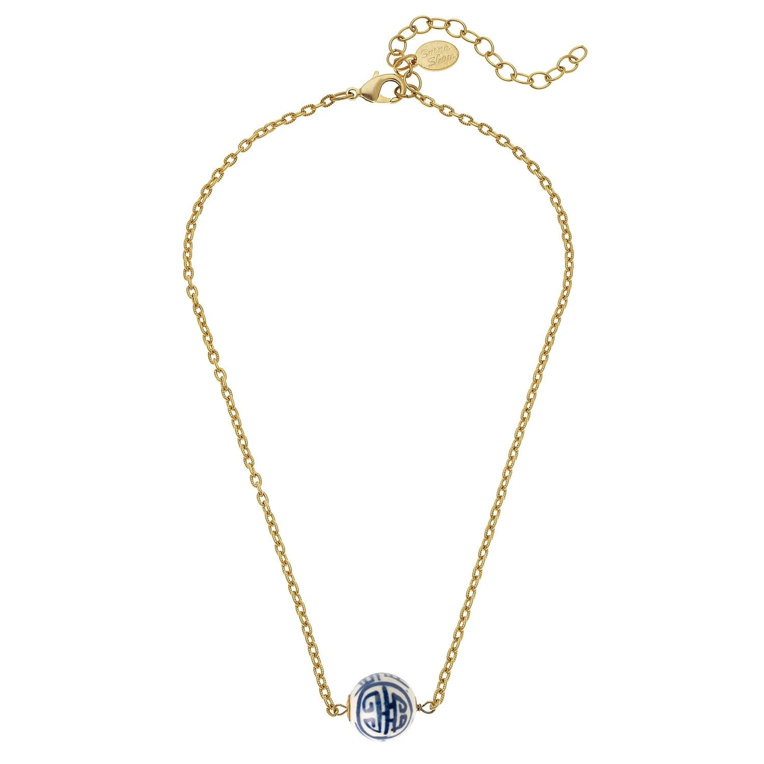 Blue and white hand-painted porcelain bead on a gold-plated chain necklace with a lobster clasp.