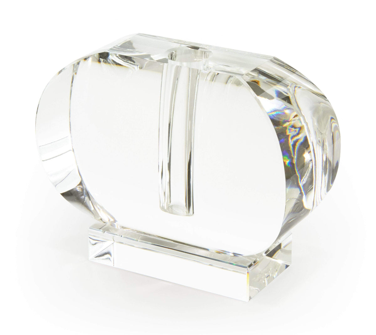 Crystal horizontal oval bud vase with a minimalist clear glass design holding one stem.