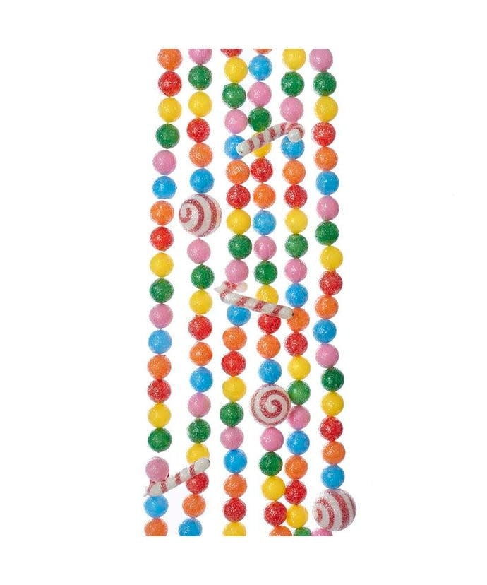6-foot plastic garland featuring multicolored round candies and red-and-white candy canes with realistic sugar coating.
