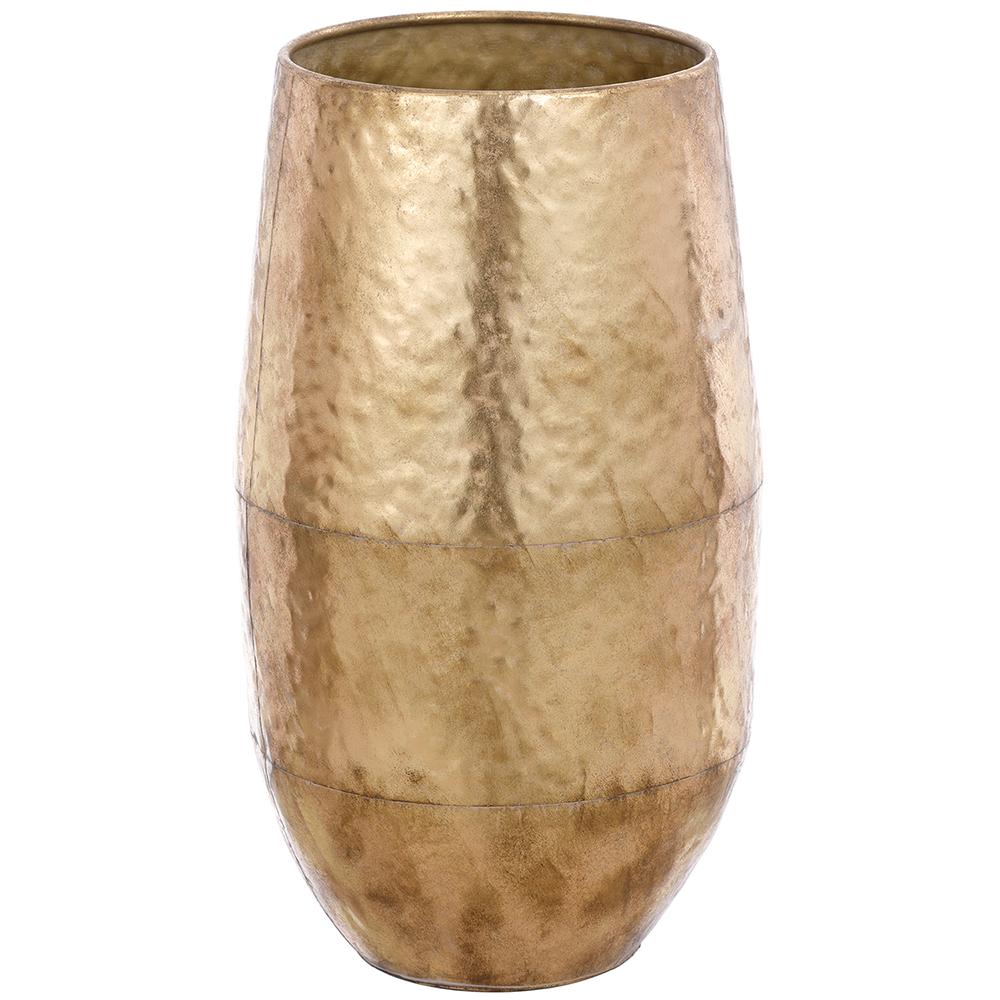 24-inch gold antique metal planter with a hammered texture and tapered cylindrical shape.