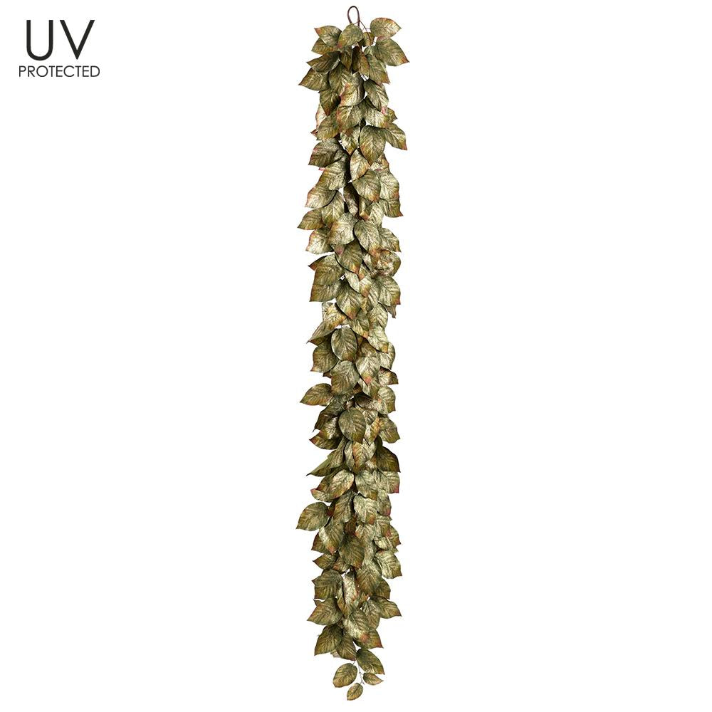6-foot UV protected shimmer salal leaf garland in green and gold, hanging vertically.