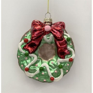 5-inch glass Christmas wreath ornament shaped like a donut with green icing and a large red bow.