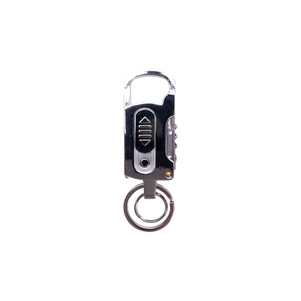 Black executive multi-function carabiner with electric lighter, blade, nail file, bottle opener, corkscrew, and flashlight.