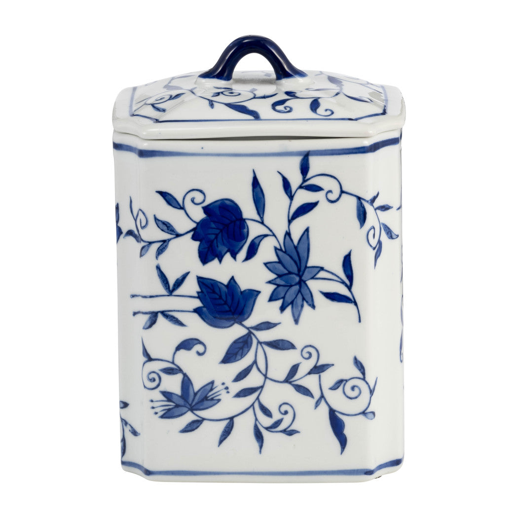 8-inch blue and white ceramic chinoiserie floral decorative jar with a lid and handle.
