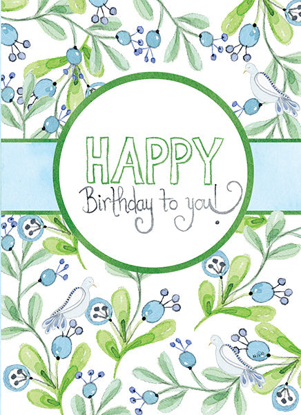 Blue bird illustration on a white A6 birthday card with matching envelope.