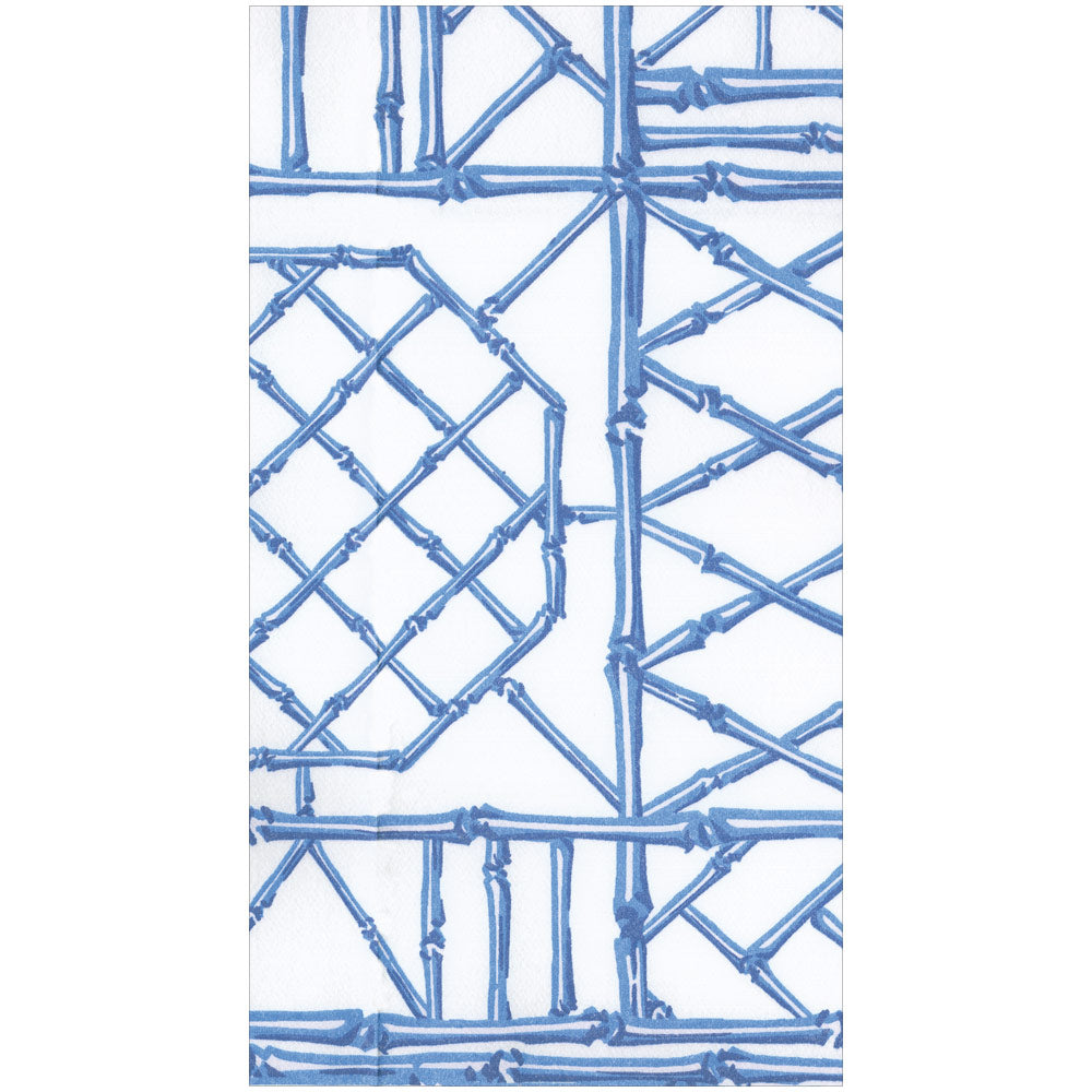 Bamboo Screen China Blue paper linen guest towel with a blue bamboo lattice pattern on white.