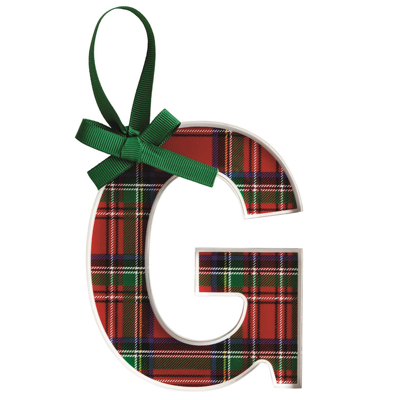 Acrylic tartan letter ornament with grosgrain ribbon hanger
