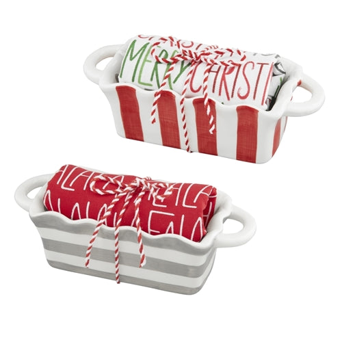 White dolomite ceramic mini Christmas loaf set with matching towel.