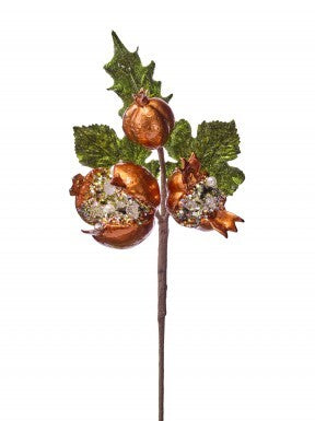 16-inch decorative spray featuring three beaded orange pomegranates and green glittery leaves.