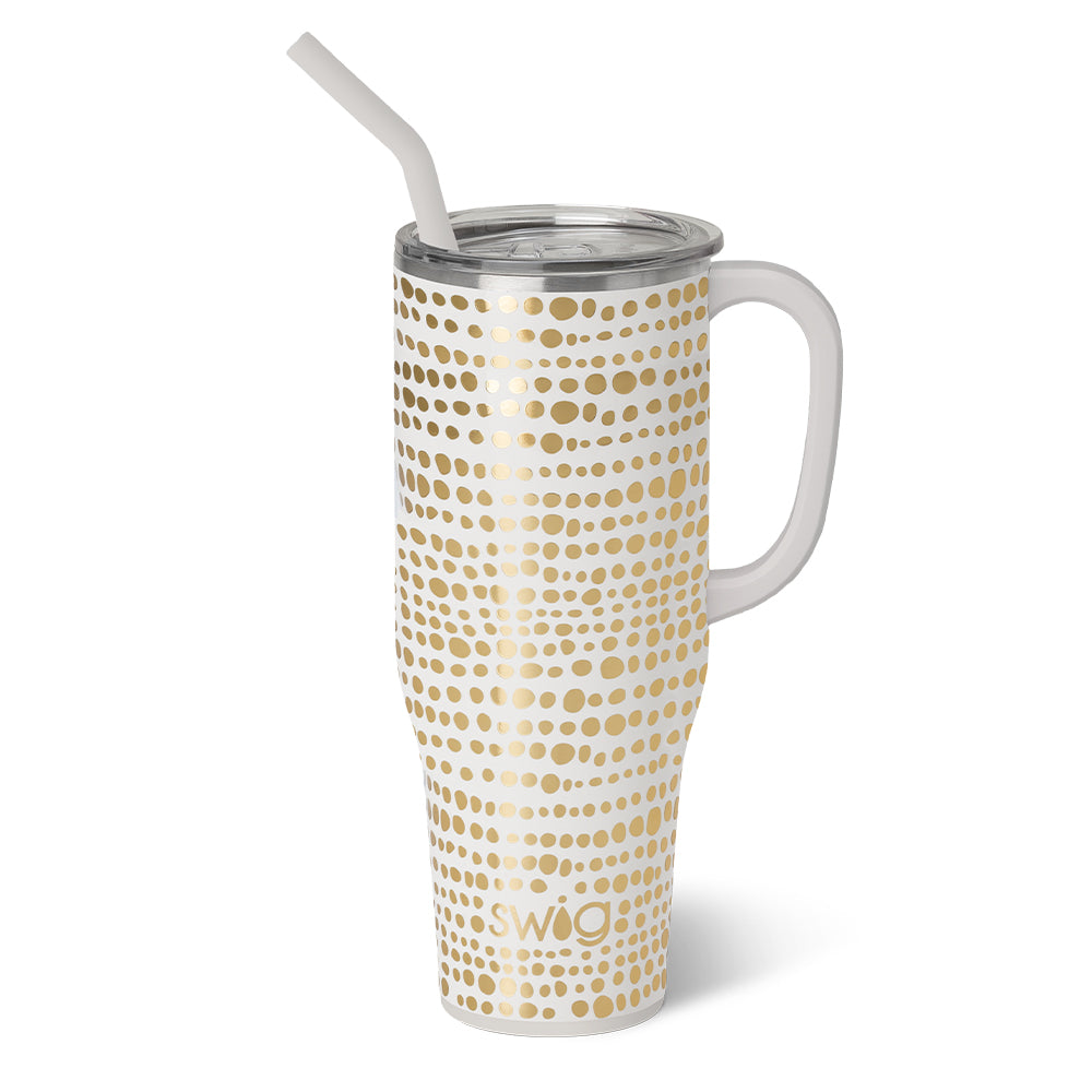 40oz Mega Mug in black with a comfort-grip handle, triple-insulated stainless steel body, and BPA-free lid.