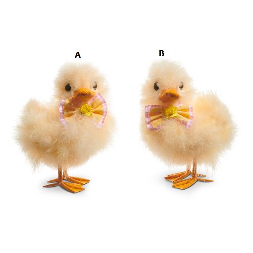 Eight-inch fluffy yellow duck plush toy with a bow on its head.
