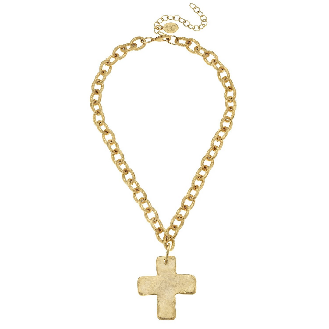 Gold solid cross pendant on a thick textured link chain with a lobster claw clasp.