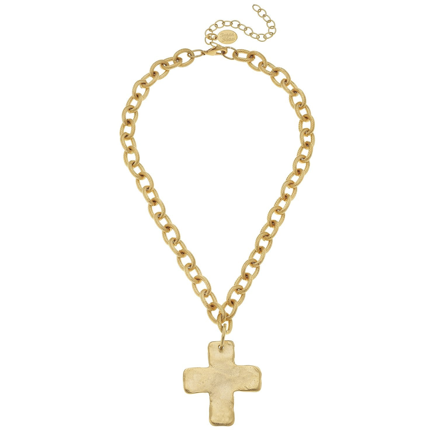 Gold solid cross pendant on a thick textured link chain with a lobster claw clasp.