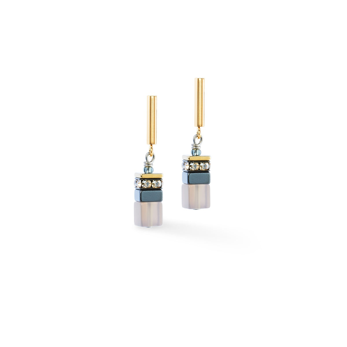 GeoCUBE earrings with gold stainless steel studs, agate, haematite, and rhinestone rondelles.