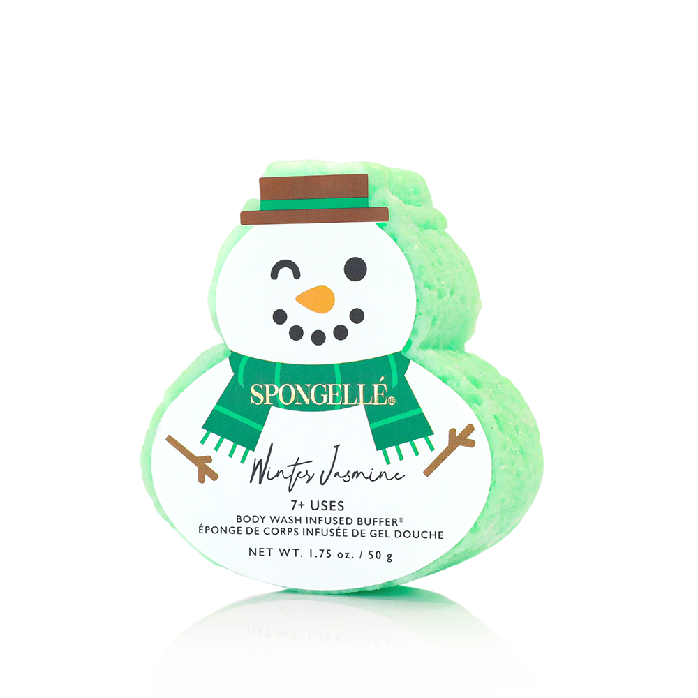 Holiday Snowman body wash buffer with pear orchid scent in festive white packaging.