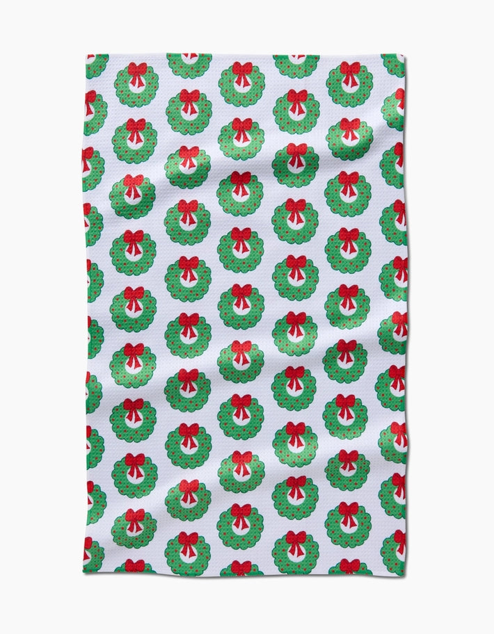 Recycled polyester waffle weave kitchen tea towel with single-sided holiday print