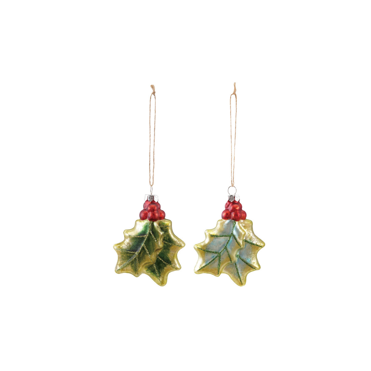Set of two hand-painted mercury glass holly ornaments with red berries and glitter accents.