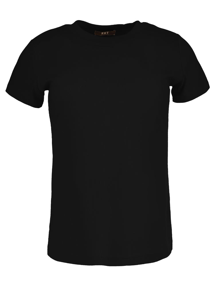 Black Langley short sleeve ribbed top with a crew neckline.