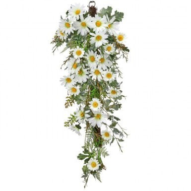 30-inch teardrop planter in daisy print with white ceramic finish