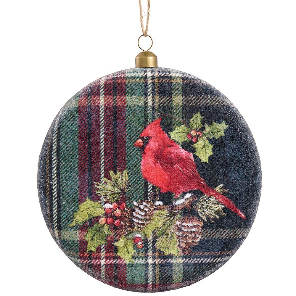 6-inch beaded plastic disc ornament featuring a red cardinal on a green and red plaid background.
