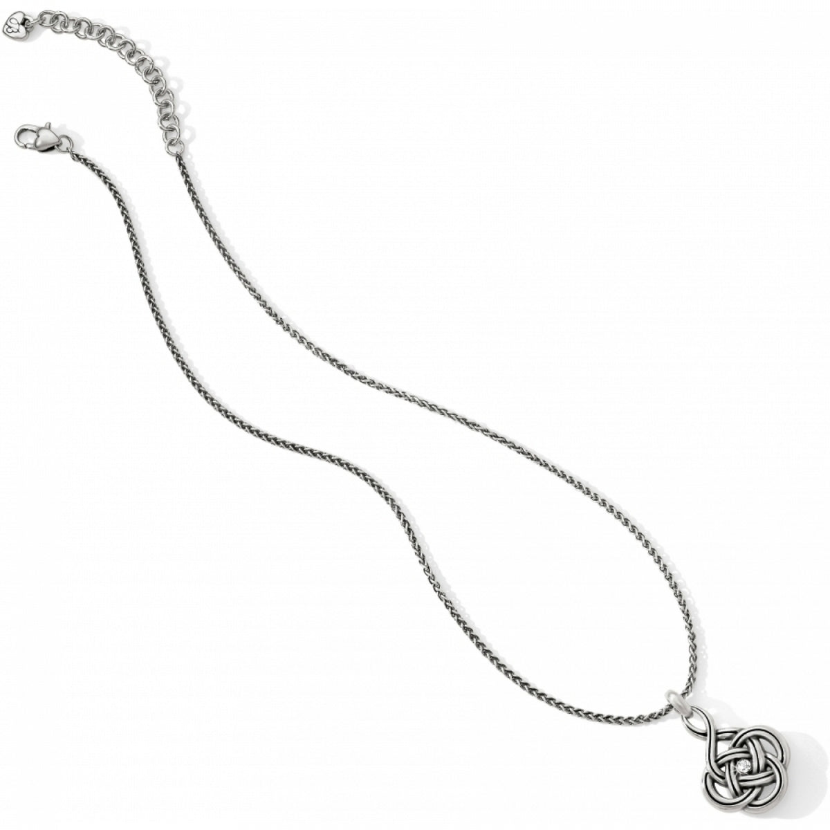 Silver plated adjustable necklace with interlocking Celtic knot pendant featuring fine quality crystal.