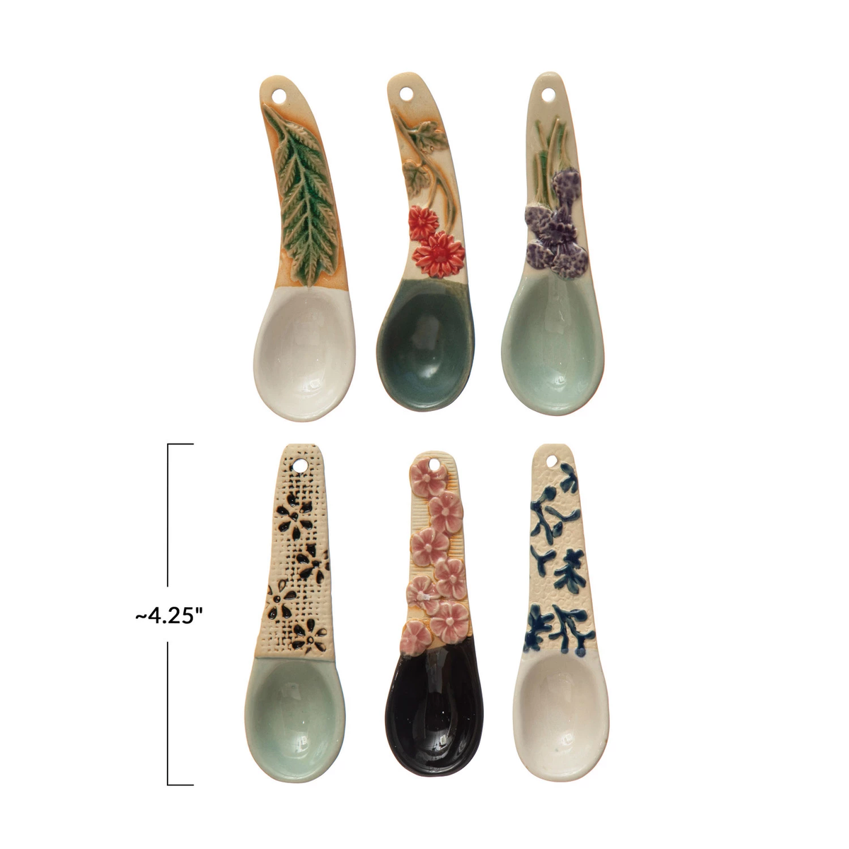 Stoneware spoon with floral-patterned handle in earthy tones