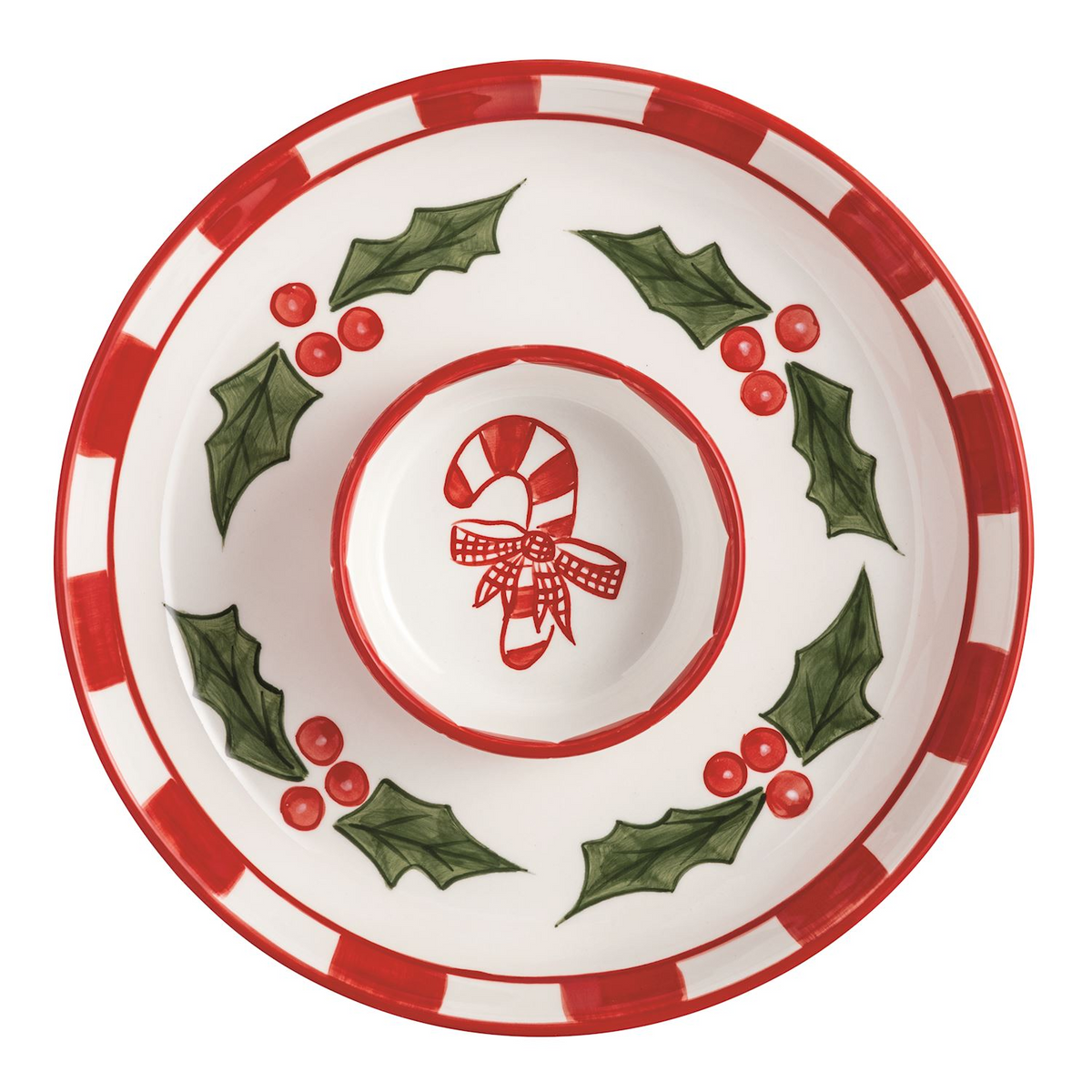 Holly Chip & Dip Set featuring a hand-painted ceramic tray with holly leaves and a candy cane.