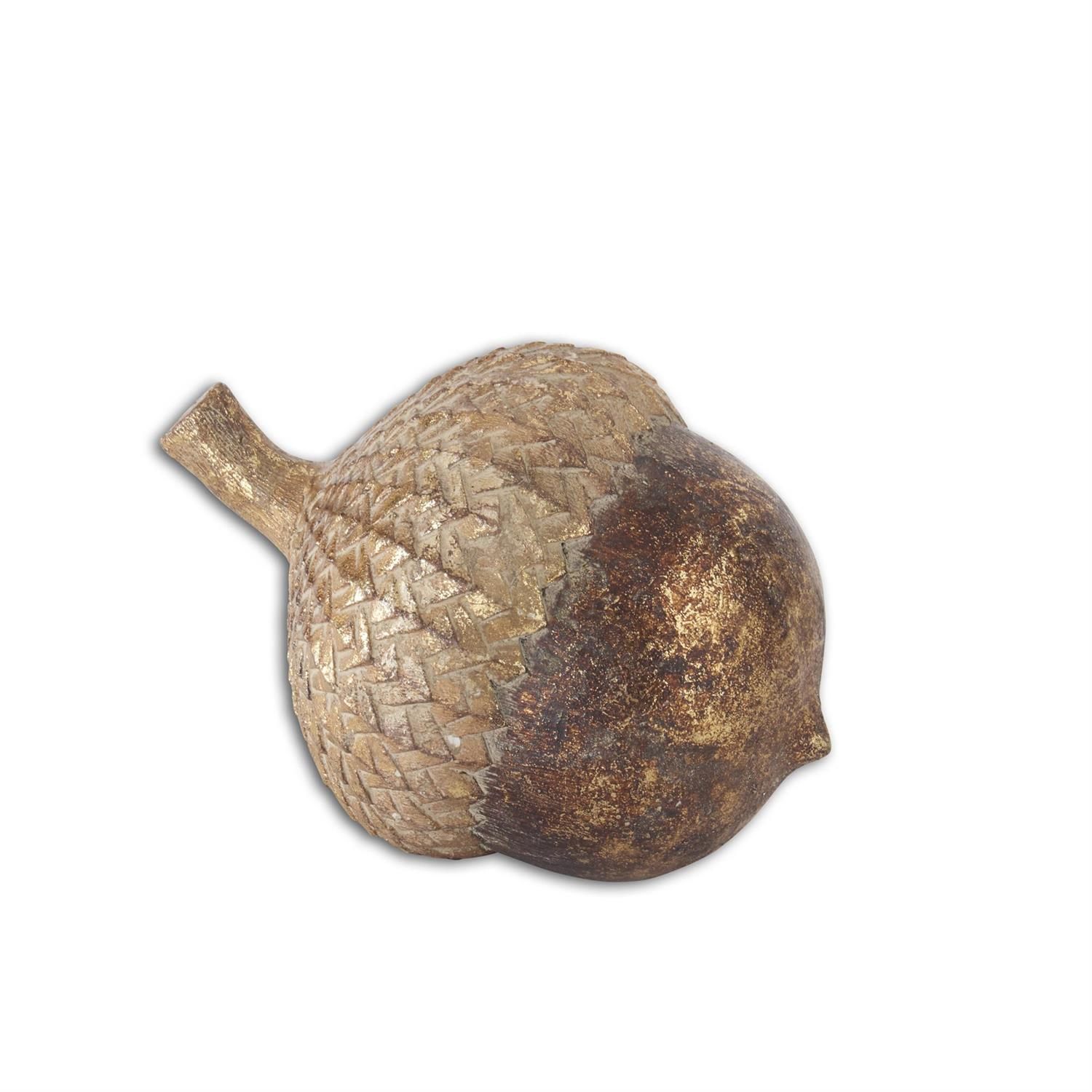 Gold gilded resin acorn with a textured cap and smooth nut, featuring a rustic metallic finish.