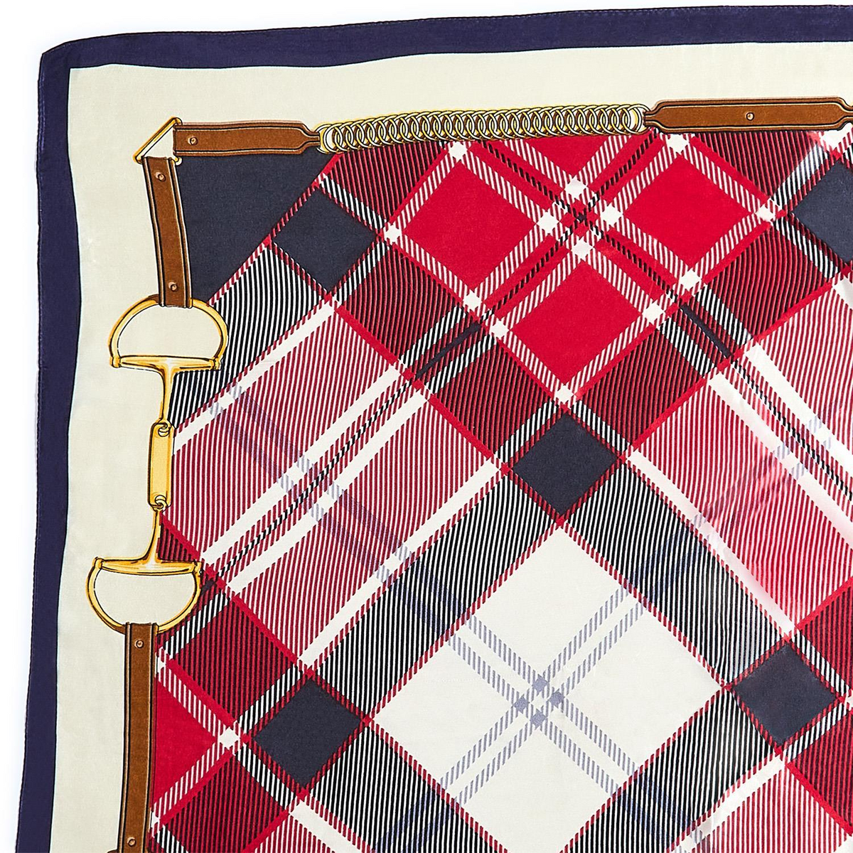 Heritage Tartan Silky Scarf featuring a red, white, and navy plaid pattern with gold bit details.