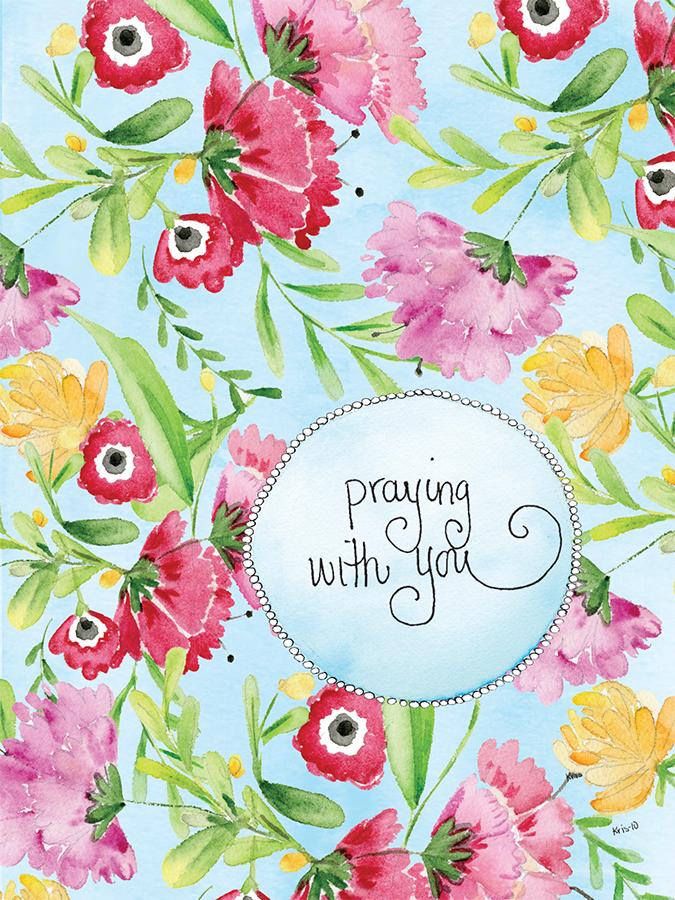 Watercolor floral greeting card with pink and yellow flowers and the text 'praying with you'.