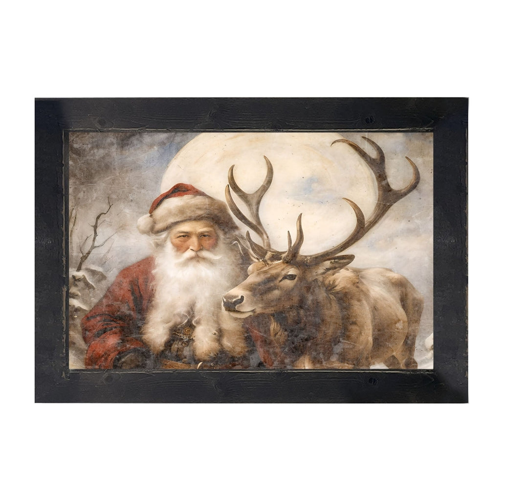 Horizontal wooden frame featuring a mounted print of Santa with reindeer.