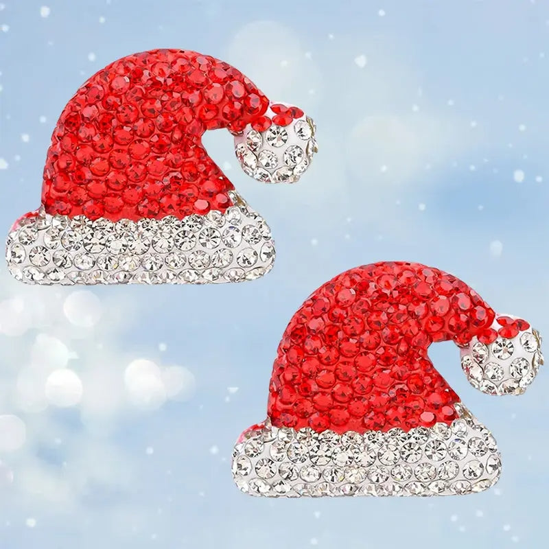 Santa hat sparkle earrings featuring red felt silhouettes with gold glitter accents.