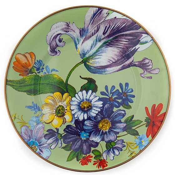 Green enamel dinner plate featuring a vibrant floral bouquet with a large purple tulip.
