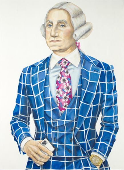 Painting of a man in a blue checkered suit, white wig, and floral tie, holding a smartphone.
