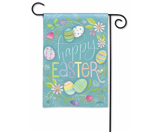 Teal garden flag with "Happy Easter" text, decorated with colorful Easter eggs and flowers.