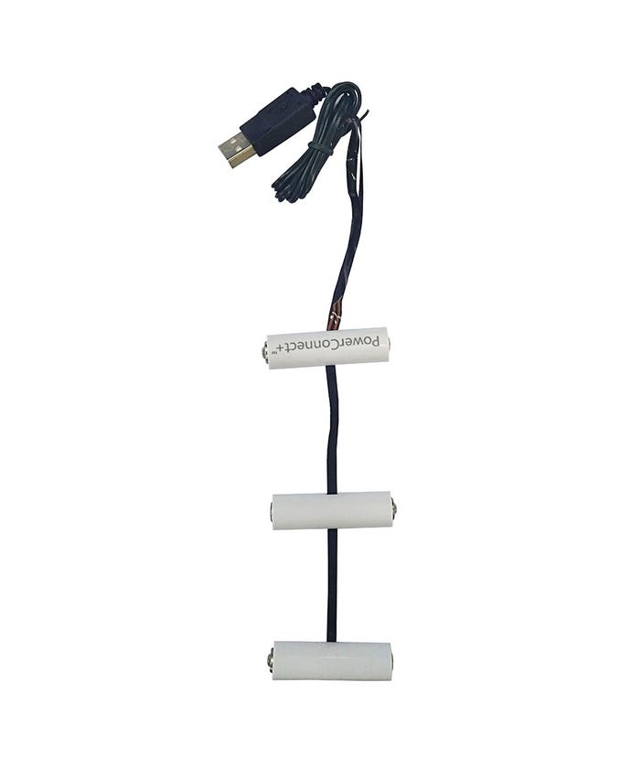 USB PowerConnect+ 3 AA battery converter with a black USB cable and three white dummy batteries.