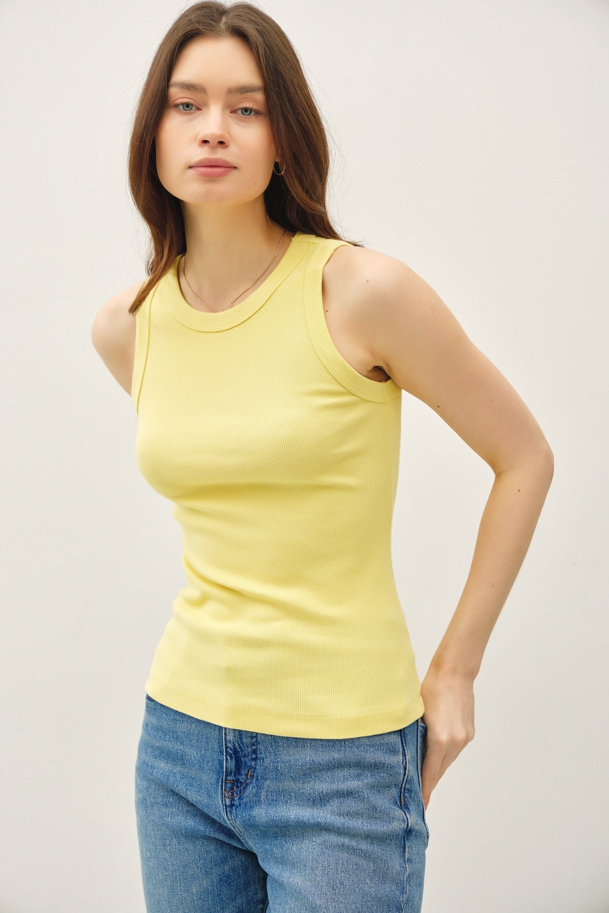 Maddison Basic cotton tank top in garment-dyed heather gray with a round neck and relaxed fit.