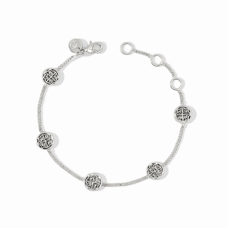 Valencia Delicate Bracelet in silver featuring five circular coin-like charms on a fine chain.