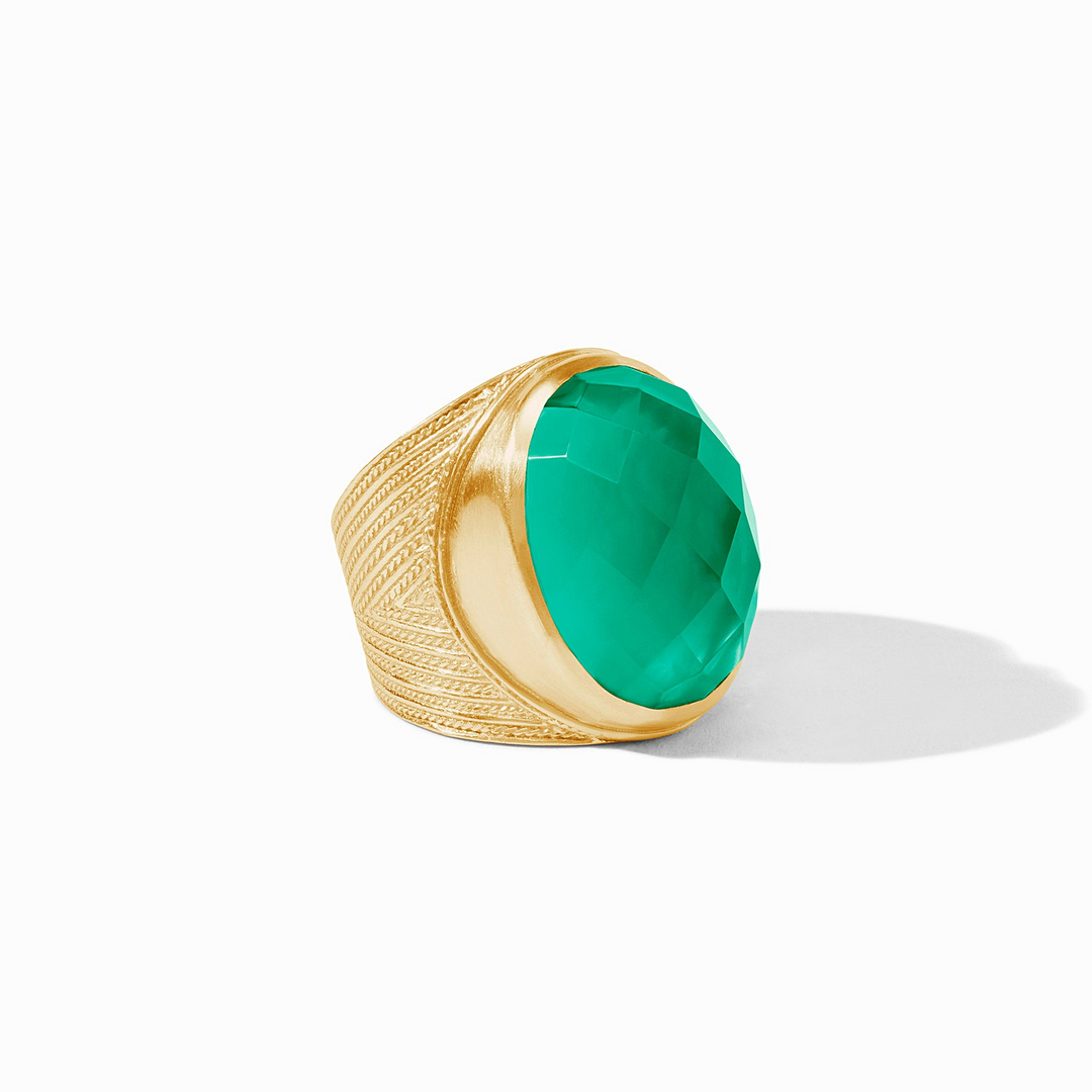 Verona Statement Ring in 24K gold plate with a large rose cut green glass gemstone.