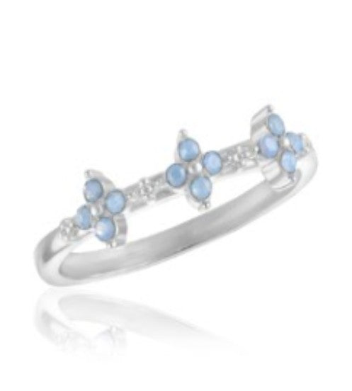 Silver-plated stack ring featuring three small four-petal flowers with air blue opal stones.