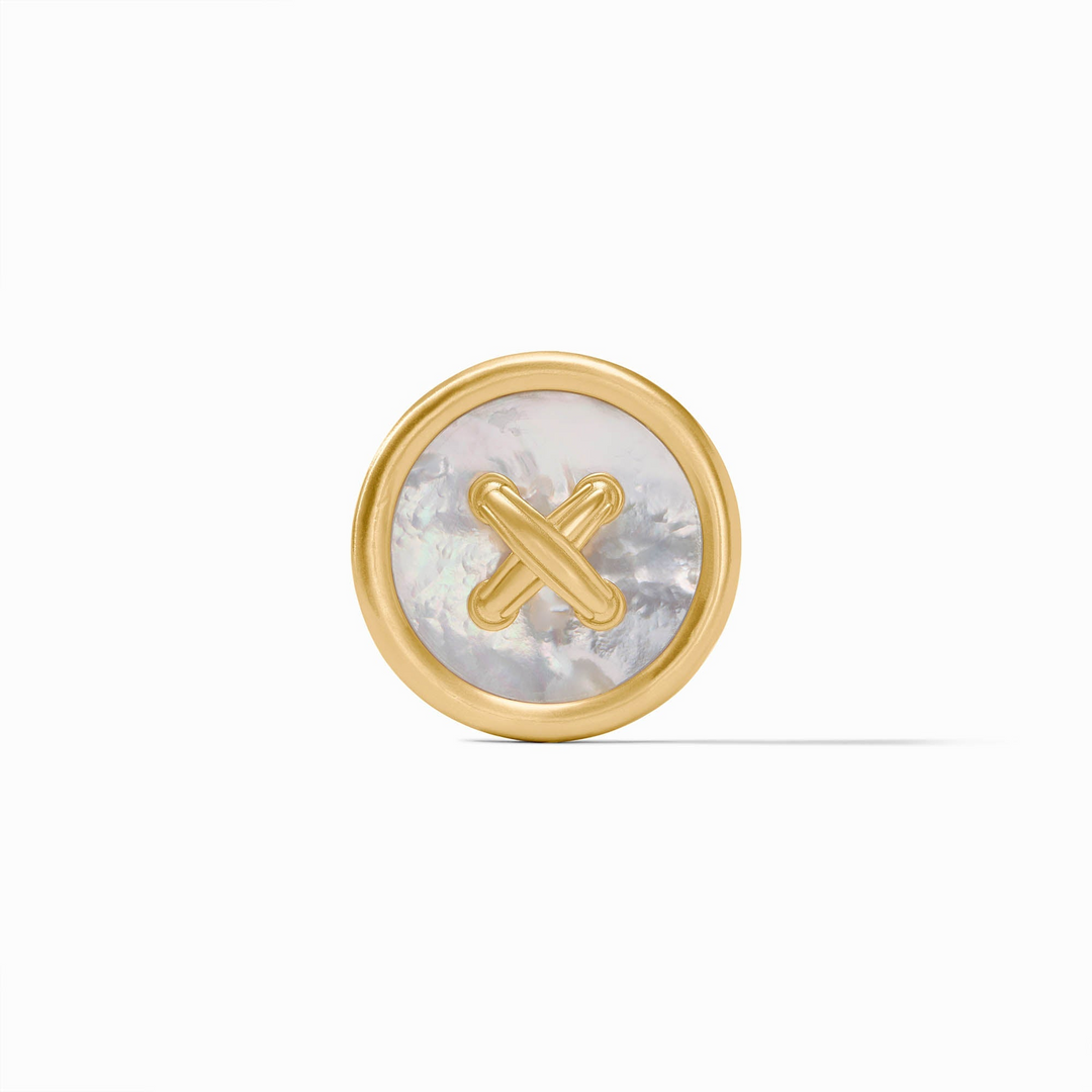 Essex Button Brooch in 24K gold plate with a round mother of pearl inlay and a gold cross detail.