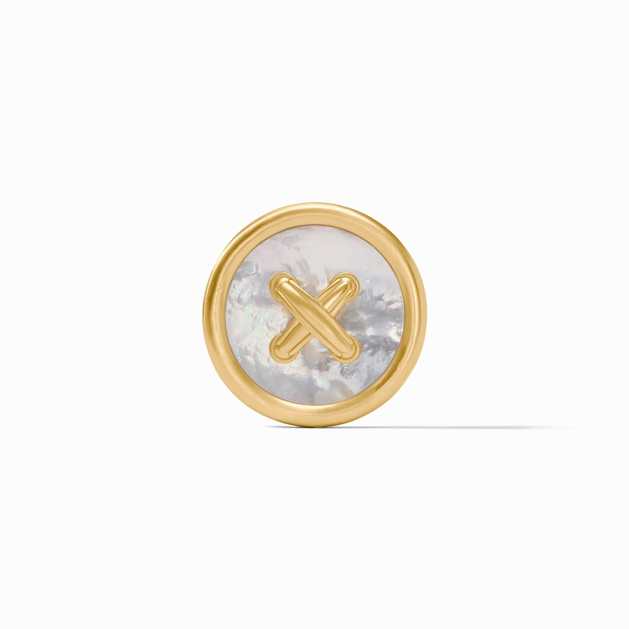 Essex Button Brooch in 24K gold plate with a round mother of pearl inlay and a gold cross detail.